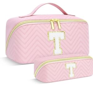 New! "T" Pink Quilted Cosmetic Makeup Bags For Travel Vacation Faux Leather